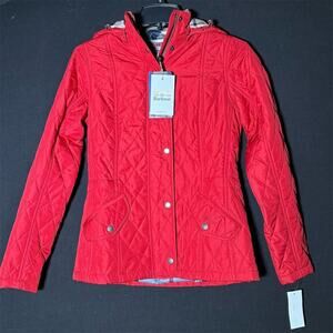 Barbour Women's Millfire Quilted Jacket Red Size 4 Hooded Tartan Lined Casual
